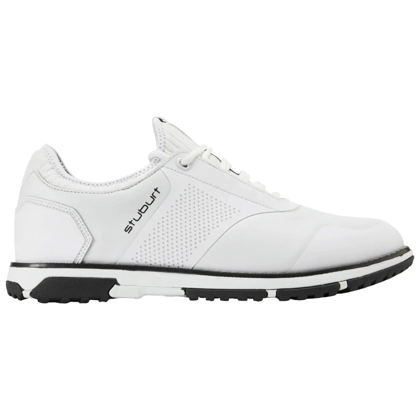 A white athletic shoe features a sleek design with perforated detailing and a black rubber sole positioned on a plain background showcasing its modern style and functionality.