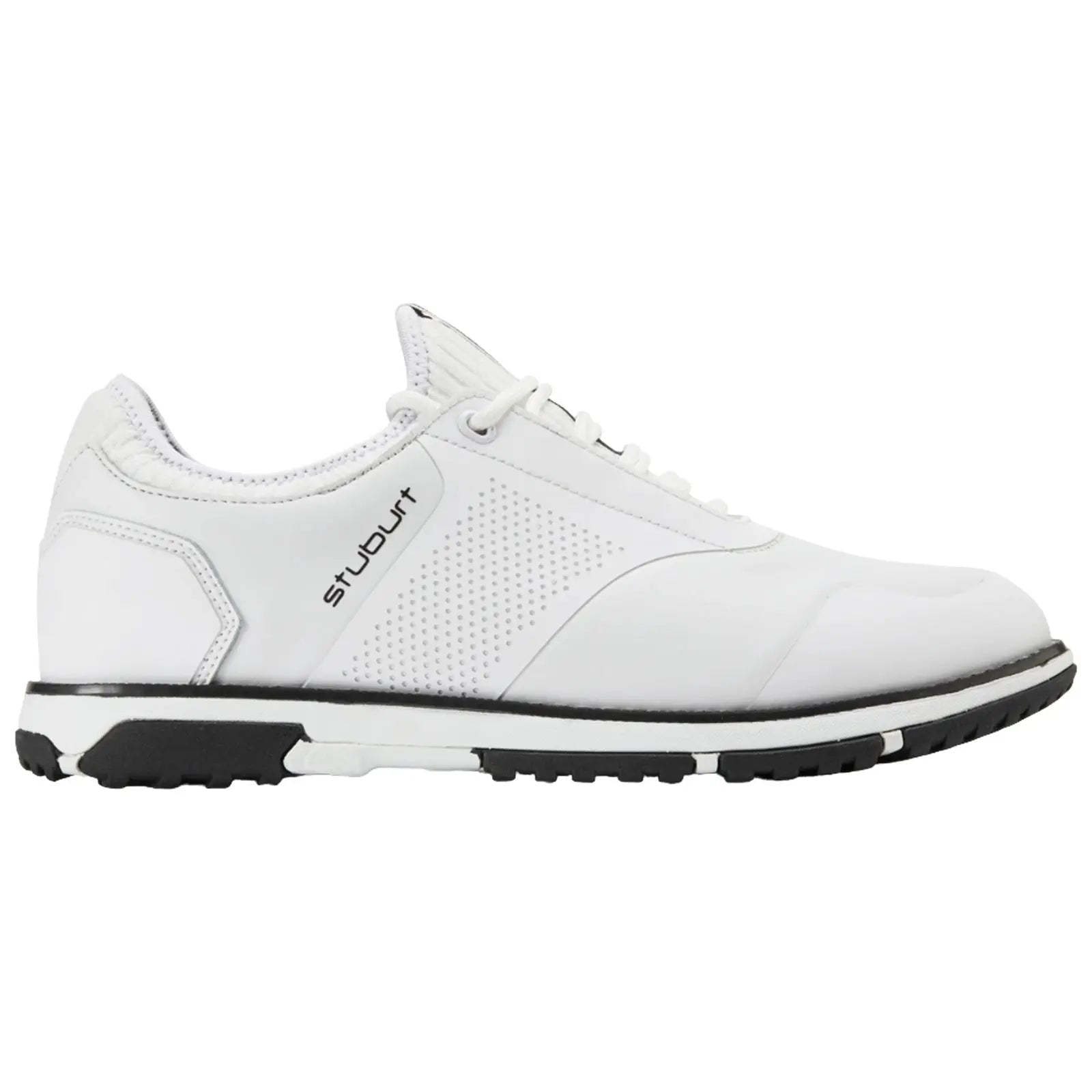 A white athletic shoe features a sleek design with perforated detailing and a black rubber sole positioned on a plain background showcasing its modern style and functionality.