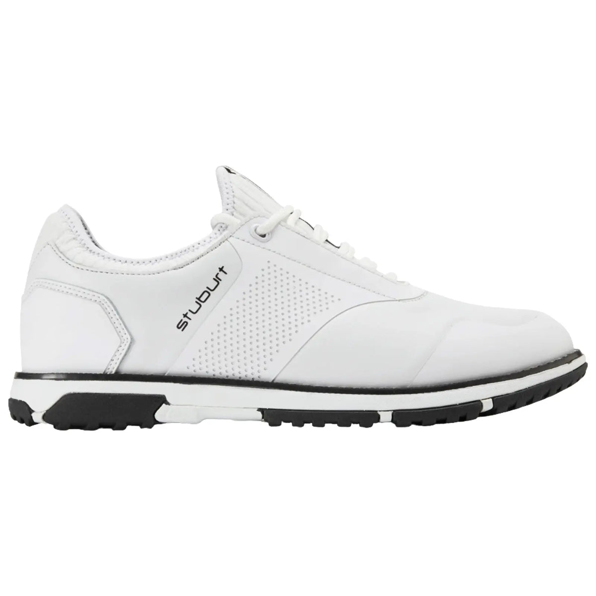 A white athletic shoe features a sleek design with perforated detailing and a black rubber sole positioned on a plain background showcasing its modern style and functionality.