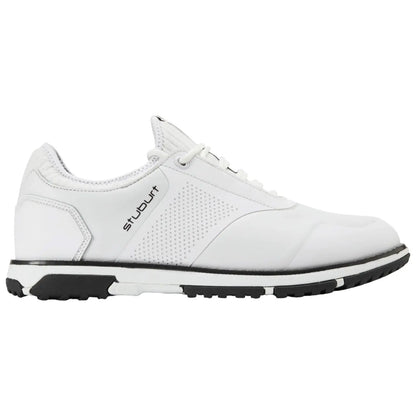 A white athletic shoe features a sleek design with perforated detailing and a black rubber sole positioned on a plain background showcasing its modern style and functionality.
