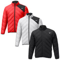 Three padded jackets are displayed in a row colored red white and black with a distinctive chevron pattern and a logo on the chest area showing a sporty style suitable for outdoor wear.