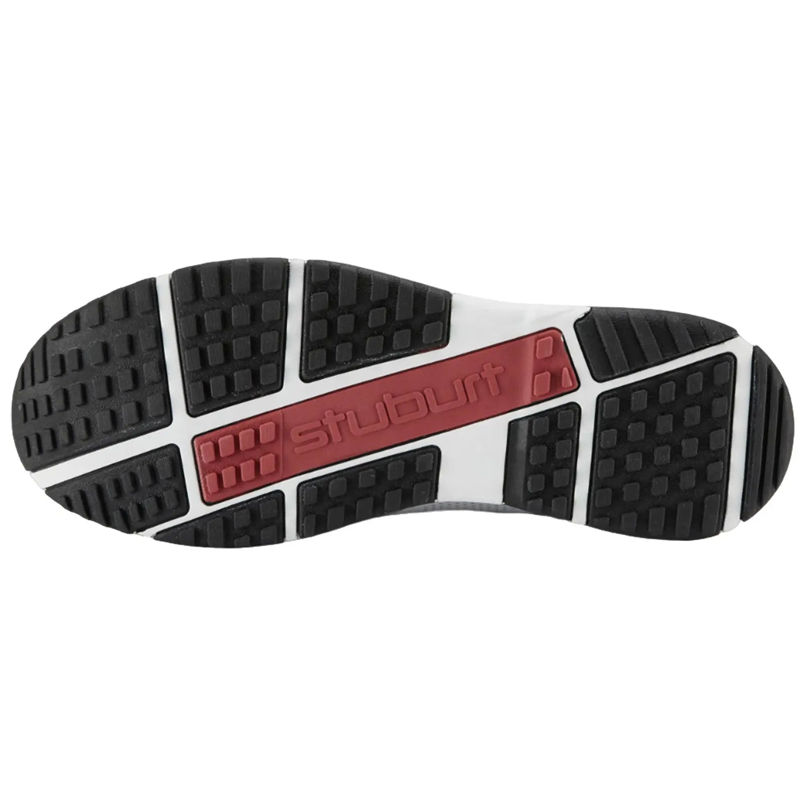 A shoe sole is displayed with deep treads for traction and a red branded logo in the center surrounded by black and white rubber components indicating its design for performance and durability.
