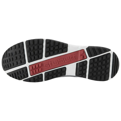 A shoe sole is displayed with deep treads for traction and a red branded logo in the center surrounded by black and white rubber components indicating its design for performance and durability.