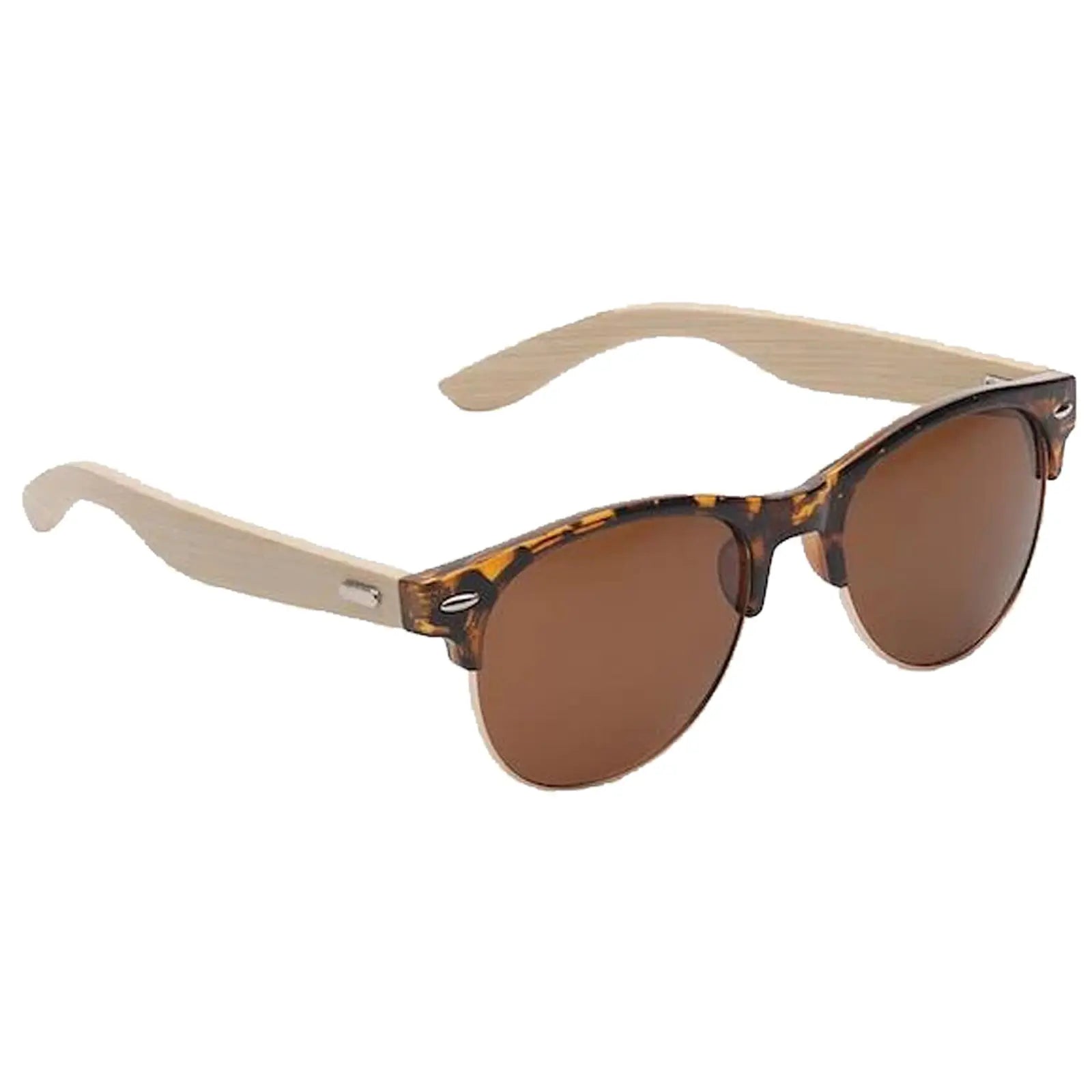 Sunglasses with a tortoiseshell frame and brown lenses rest at an angle with light-colored wooden arms suggesting a stylish accessory for sunny outdoor environments.