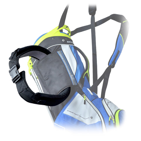 A blue and white backpack features a black detachable strap connected by a buckle the strap is positioned alongside the bag suggesting it can be used for support or carrying.