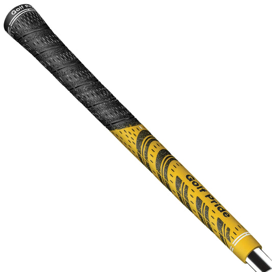 A black and yellow golf grip lies at an angle showcasing its textured surface designed for enhanced grip with the brand name Golf Pride printed on it.