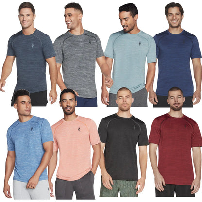 Nine men are wearing various colored athletic t-shirts while posing and smiling individually or in groups against a plain background showcasing different shirt colors and styles.