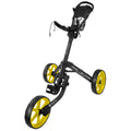 A golf push cart features a three-wheeled design with yellow wheels and a black frame it is equipped for transporting golf clubs and gear on a course