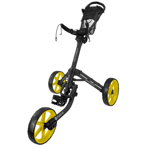 A golf push cart features a three-wheeled design with yellow wheels and a black frame it is equipped for transporting golf clubs and gear on a course