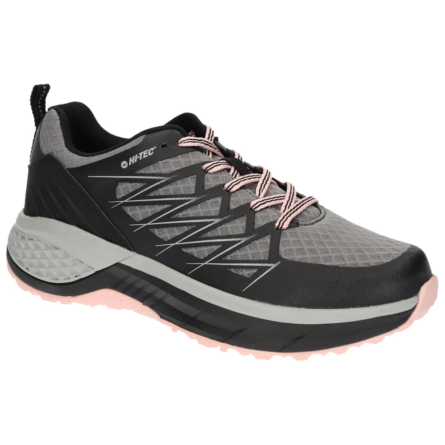 A black and gray hiking shoe features a textured upper and pink laces provides traction on various terrains suitable for outdoor activities placed against a plain white background.