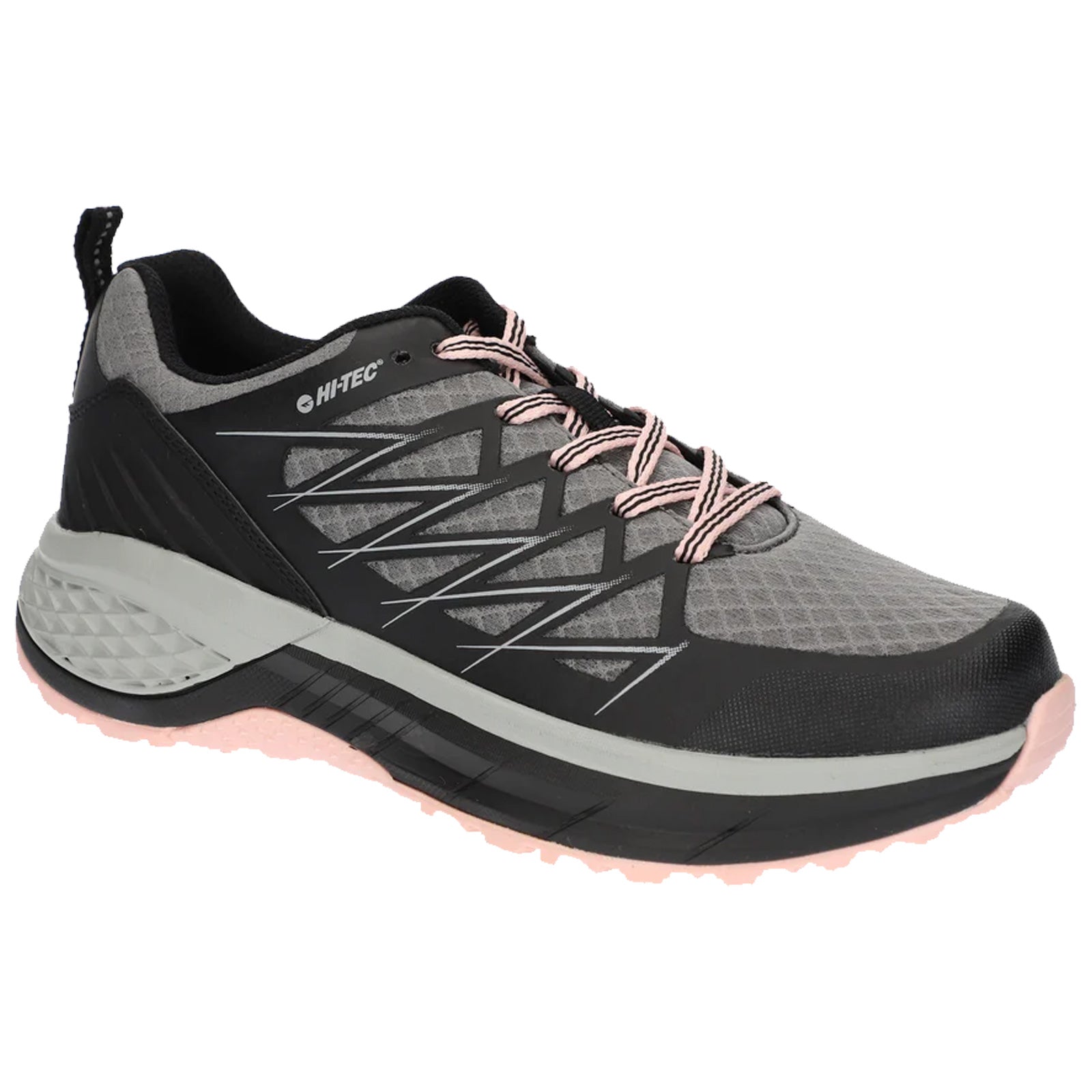 A black and gray hiking shoe features a textured upper and pink laces provides traction on various terrains suitable for outdoor activities placed against a plain white background.