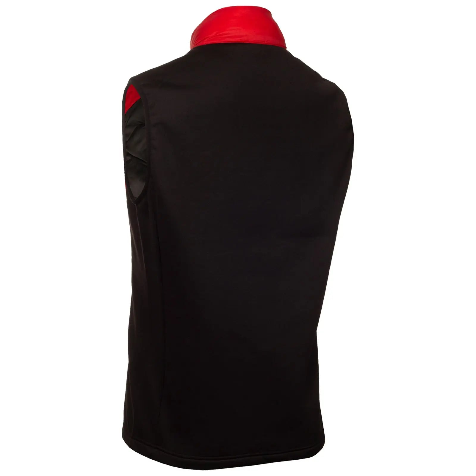 A sleeveless black vest with a red collar stands upright showcasing its smooth fabric and simple design suitable for casual or semi-formal wear in a neutral setting.