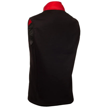 A sleeveless black vest with a red collar stands upright showcasing its smooth fabric and simple design suitable for casual or semi-formal wear in a neutral setting.