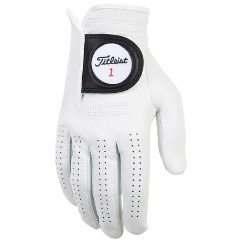 Titleist Mens Players Right Hand Golf Glove A white golf glove is displayed flat with black and red branding on the cuff showing the word Titleist and the number 1 it features perforations for breathability