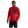 A man is wearing a red long-sleeve, zippered pullover with a black chest pocket featuring a red zipper while standing against a plain white background.