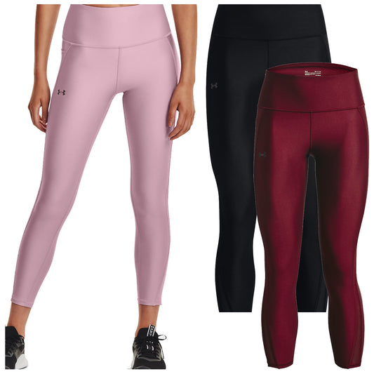Pink leggings are worn by a model on the left while black and burgundy leggings are displayed to the right against a neutral background showcasing athletic apparel options.
