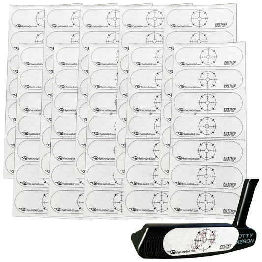 A set of golf putting impact stickers is arranged in rows with a black putter at the bottom right used to train putting skills surrounded by a white background.