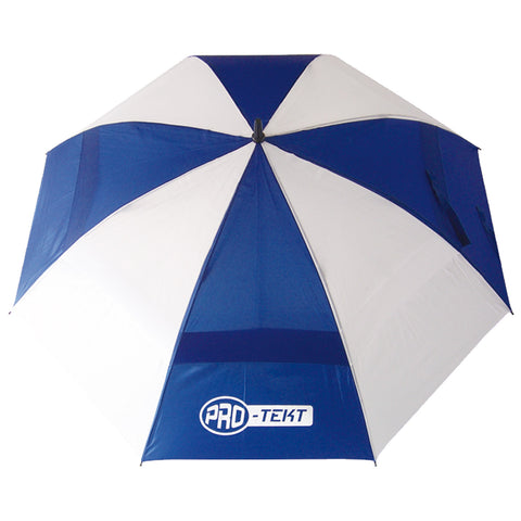 A blue and white umbrella is opened large above showing a geometric pattern while the logo PRO-TEKT is displayed prominently on one section of the umbrella.