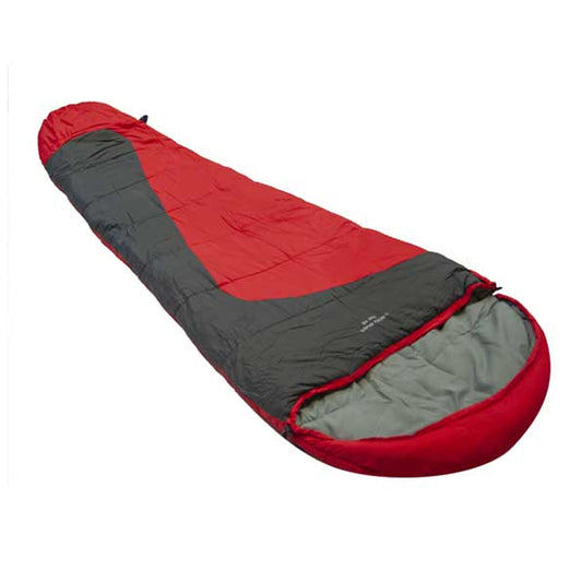 A red and gray sleeping bag lies flat with an open end showing a lighter inner lining designed for camping or outdoor use in a resting environment.