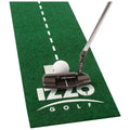 A golf putter is positioned next to a golf ball on a green putting mat featuring a dashed line and the words IZZO GOLF ODYSSEY, indicating practice for putting accuracy.