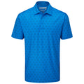 A blue polo shirt with a geometric pattern is displayed flat. It features a collar and buttons at the neck, suitable for casual or semi-casual settings.