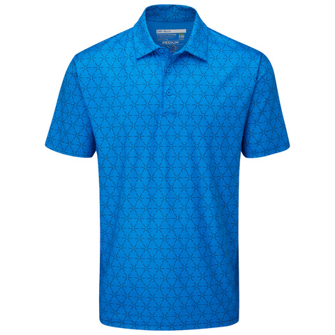 A blue polo shirt with a geometric pattern is displayed flat. It features a collar and buttons at the neck, suitable for casual or semi-casual settings.
