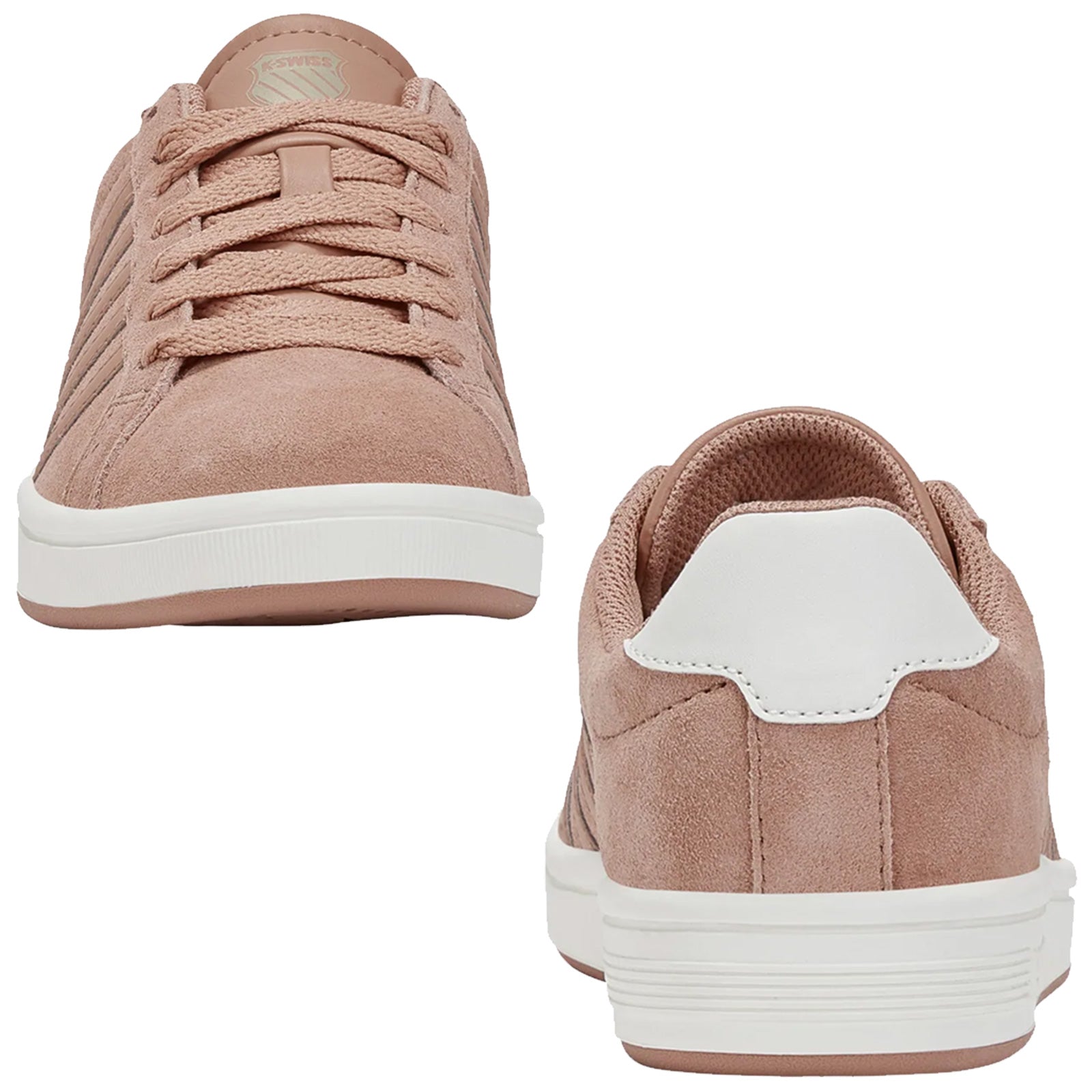 Light pink suede sneakers are shown from the front and back displaying laces and a white heel tab in a neutral background without additional context or elements.
