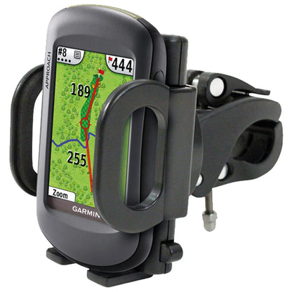 A GPS device displays a green map with courses and distances while secured in a black mount, designed for outdoor navigation and tracking in various environments.