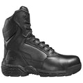 A black tactical boot stands upright showcasing a sturdy leather exterior and a high ankle design featuring laces and reinforced areas suitable for rugged outdoor activities and all-weather conditions.