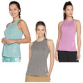 Three women wear athletic tank tops in different colors: turquoise, gray, and pink. They are smiling and posed against a plain white background promoting a casual and active lifestyle.