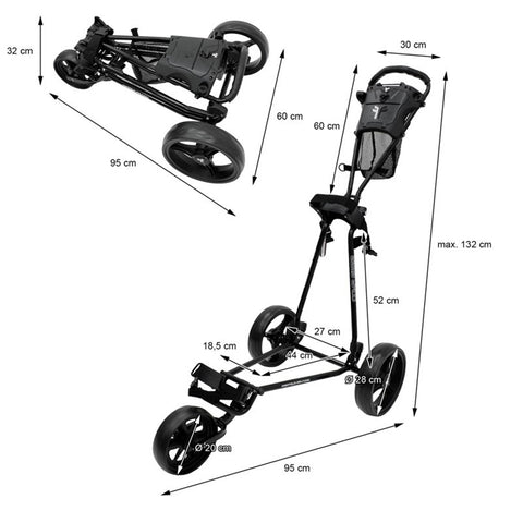 A golf push cart with a folding design is displayed upright and collapsed side by side featuring three wheels the dimensions detail specific measurements for height width and depth throughout.