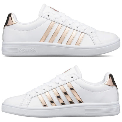 White athletic shoes with rose gold metallic stripes are displayed from two angles highlighting laces and branding on the sides and backs situated on a plain background.