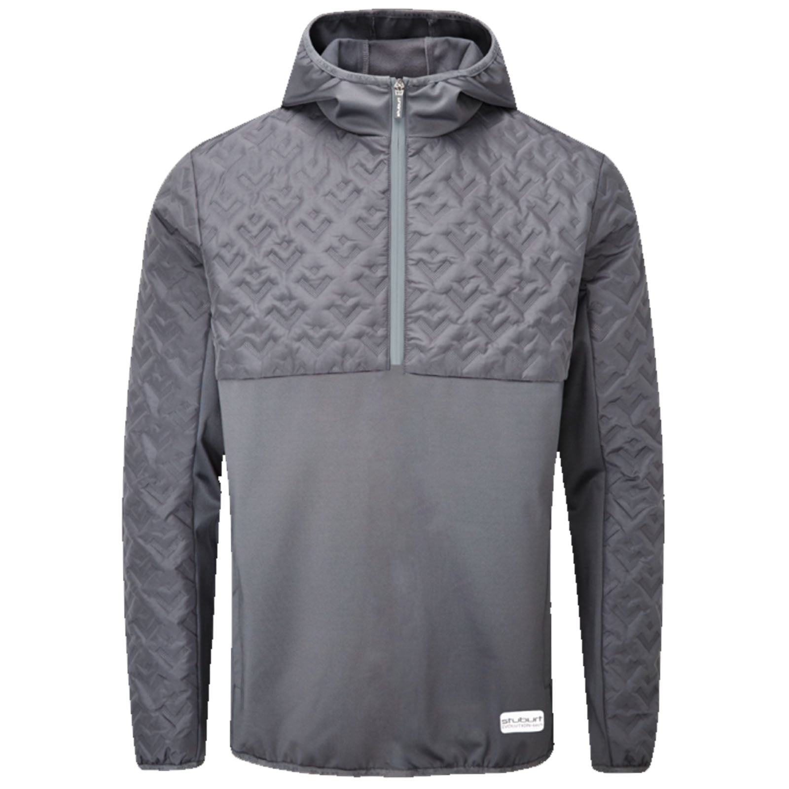 A gray pullover jacket with a half zip features a textured upper section and a smooth lower section designed for outdoor activities or casual wear in cool environments.