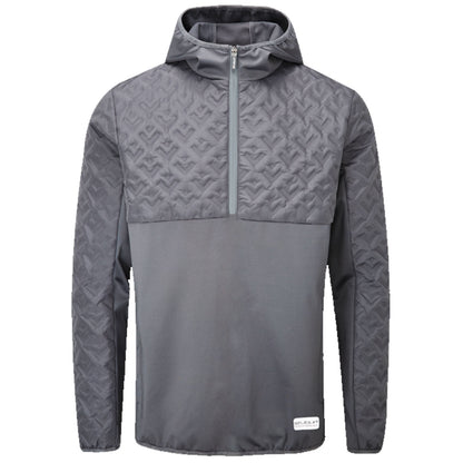 A gray pullover jacket with a half zip features a textured upper section and a smooth lower section designed for outdoor activities or casual wear in cool environments.