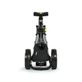 A golf trolley with a compact frame features two large wheels and a handle. It stands upright with a black and gray design against a white background.