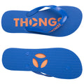 A pair of blue flip-flops rests flat with two straps and an orange logo on the footbed the sole features a textured pattern and cut-out design in the center.