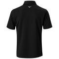 A black polo shirt is displayed with a short sleeve design and a collar The shirt features a white logo on the upper back area