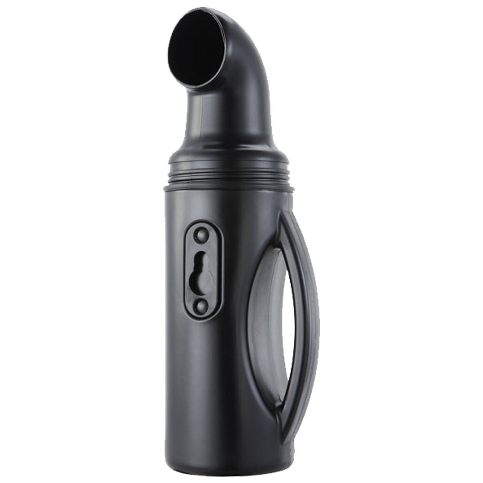 A black vacuum cleaner attachment is upright with a nozzle at the top and a handle on the side designed for directing airflow in cleaning tasks.
