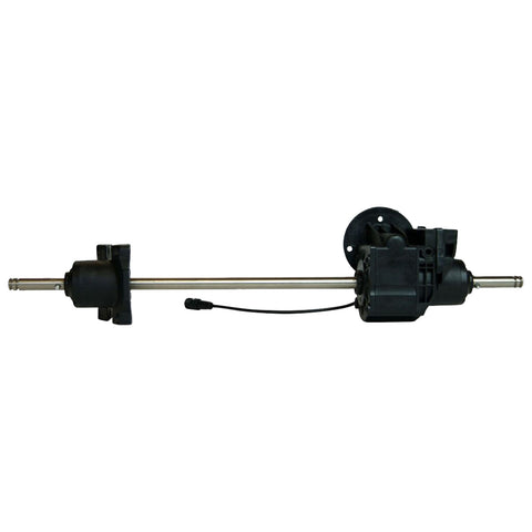 A mechanical component features a long metal shaft with a black housing on one end and a motor assembly on the other end designed for rotary motion in automotive applications.