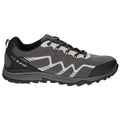 A gray waterproof shoe features a sporty design with black and white accents and textured sole for traction resting on a plain white background suggesting it is intended for outdoor activities.