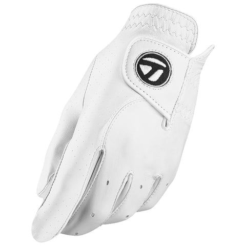 TaylorMade Mens Left Hand Tour Preferred Golf Glove A white golf glove is displayed facing forward with a logo on the wrist area showcasing its sleek design and stitching details highlighting its purpose for grip during play.