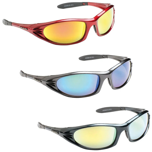 Three pairs of sunglasses are displayed simultaneously. Each pair features a distinct angular design and reflective lenses in various colors. The arrangement highlights the different styles and colors of the sunglasses.