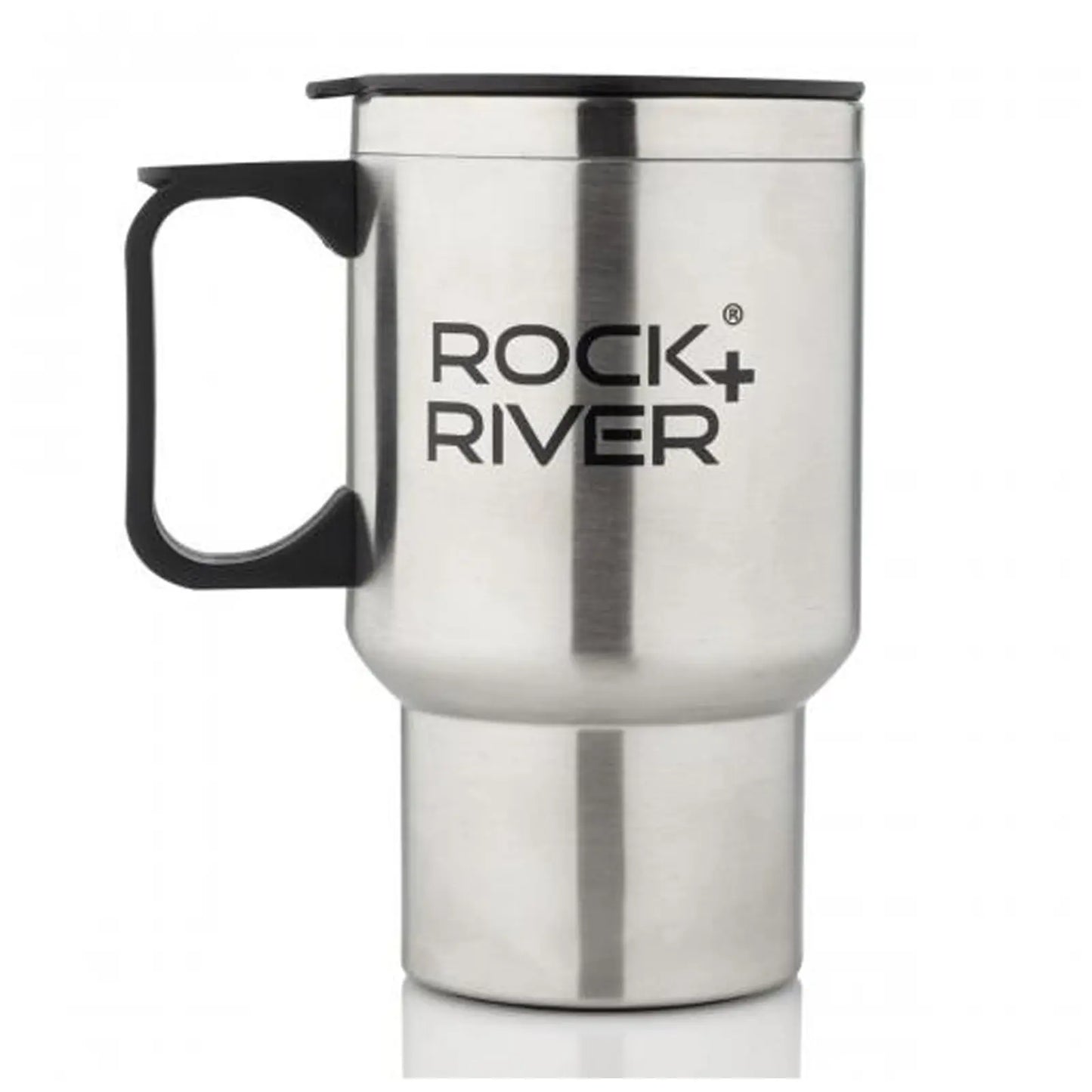 A stainless steel travel mug with a black handle features the text ROCK+RIVER prominently displayed on the side and includes a black lid on top for covering beverages.