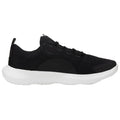 A black athletic shoe with a textured upper and a white sole rests horizontally on a flat surface showcasing its sleek design and comfortable appearance suitable for sports or casual wear.