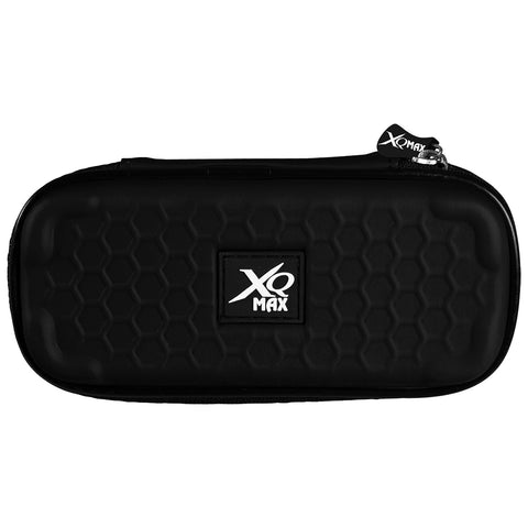 A black hexagonal-patterned case with a logo label lies flat on a surface showcasing its durable exterior designed for protection and storage of items like sunglasses or tech accessories.