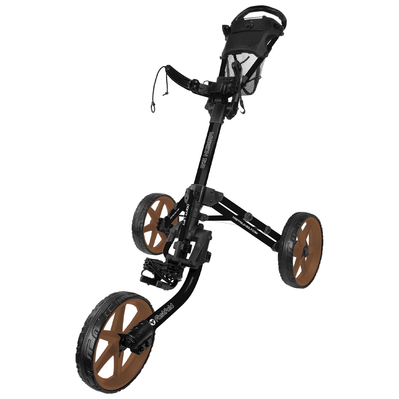 A golf push cart with three wheels stands upright showcasing a sturdy frame and a mesh storage area on the handle designed for easy maneuvering on a golf course.