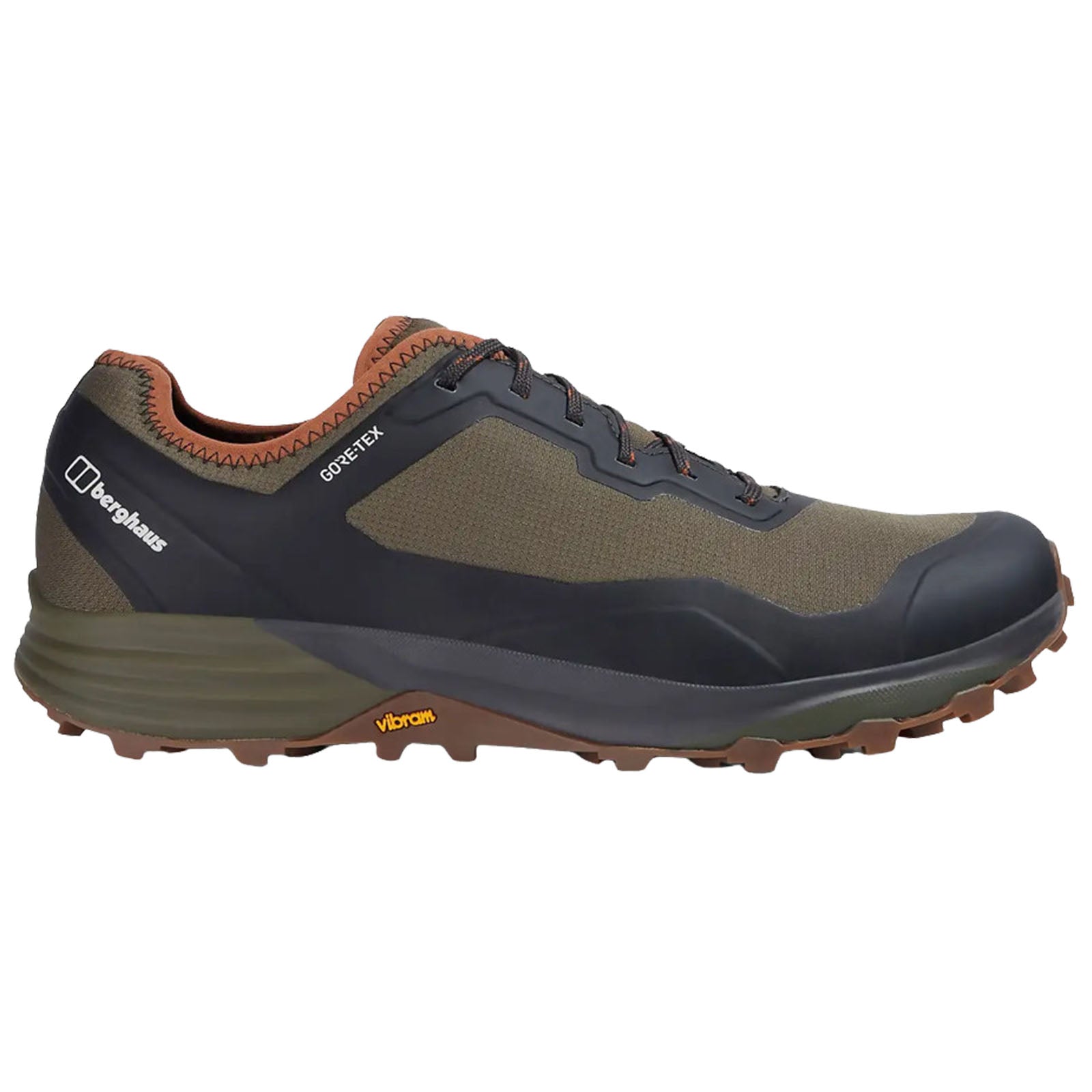 A hiking shoe with a brown and black design features a textured surface and laces displaying a modern athletic shape suitable for outdoor activities on varied terrains.