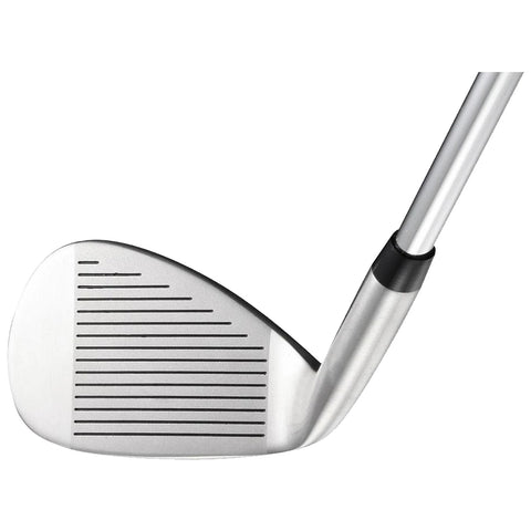 A golf club head with a shiny silver finish is positioned at an angle showcasing its grooves and face marked with horizontal lines indicating a striking surface in a neutral backdrop.