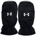 Black mittens designed for cold weather feature the Under Armour logo prominently. They are made from a sleek material with a gathered opening for a snug fit, suitable for outdoor activities.