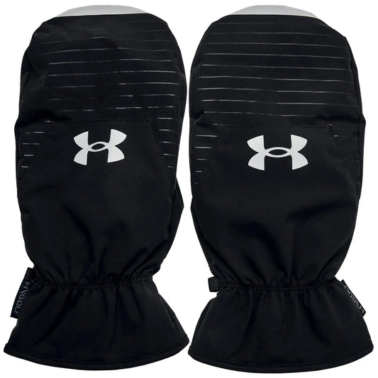 Black mittens designed for cold weather feature the Under Armour logo prominently. They are made from a sleek material with a gathered opening for a snug fit, suitable for outdoor activities.